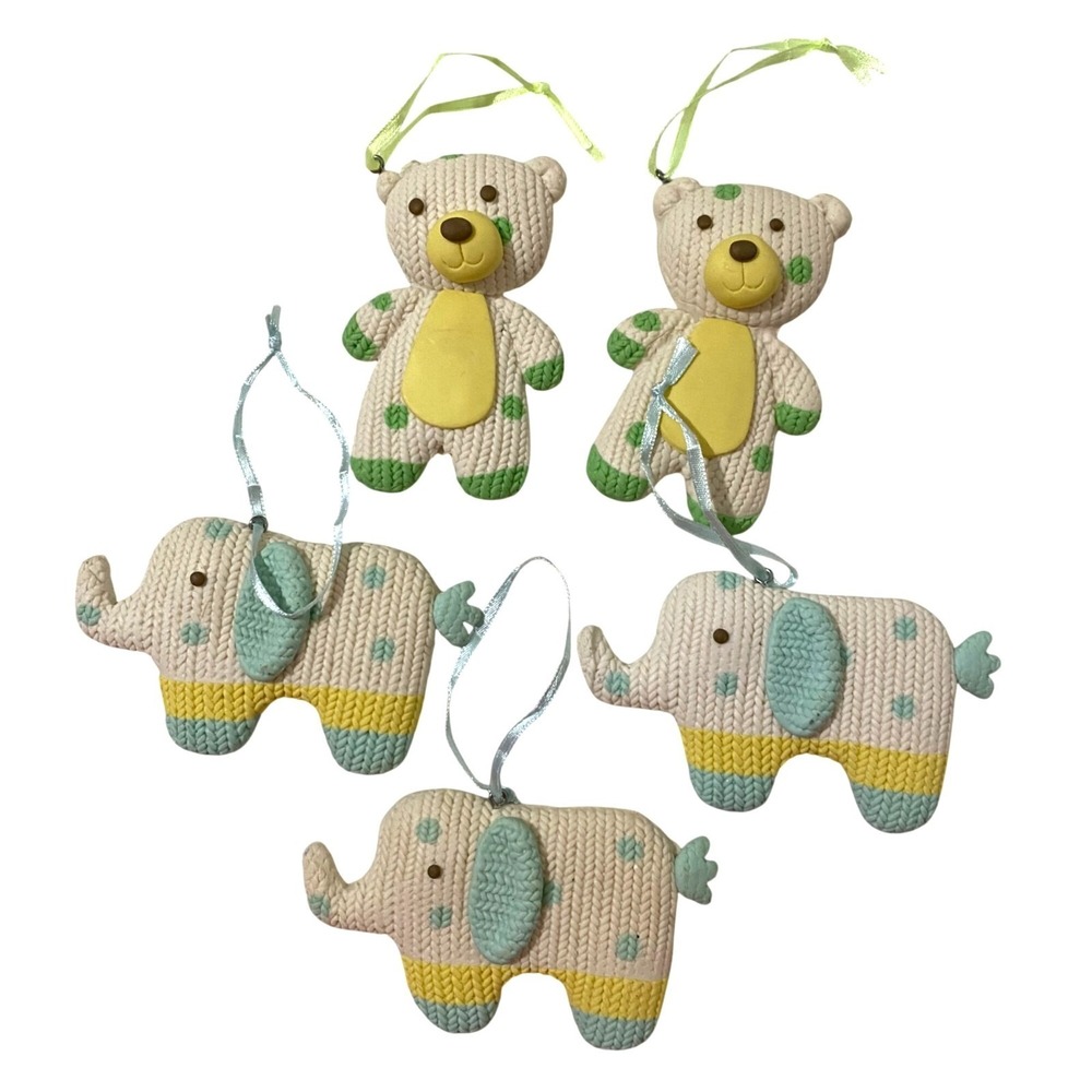 Clay Animal Christmas Ornament Lot of 5 Elephant Teddy Bear Holiday Childrens